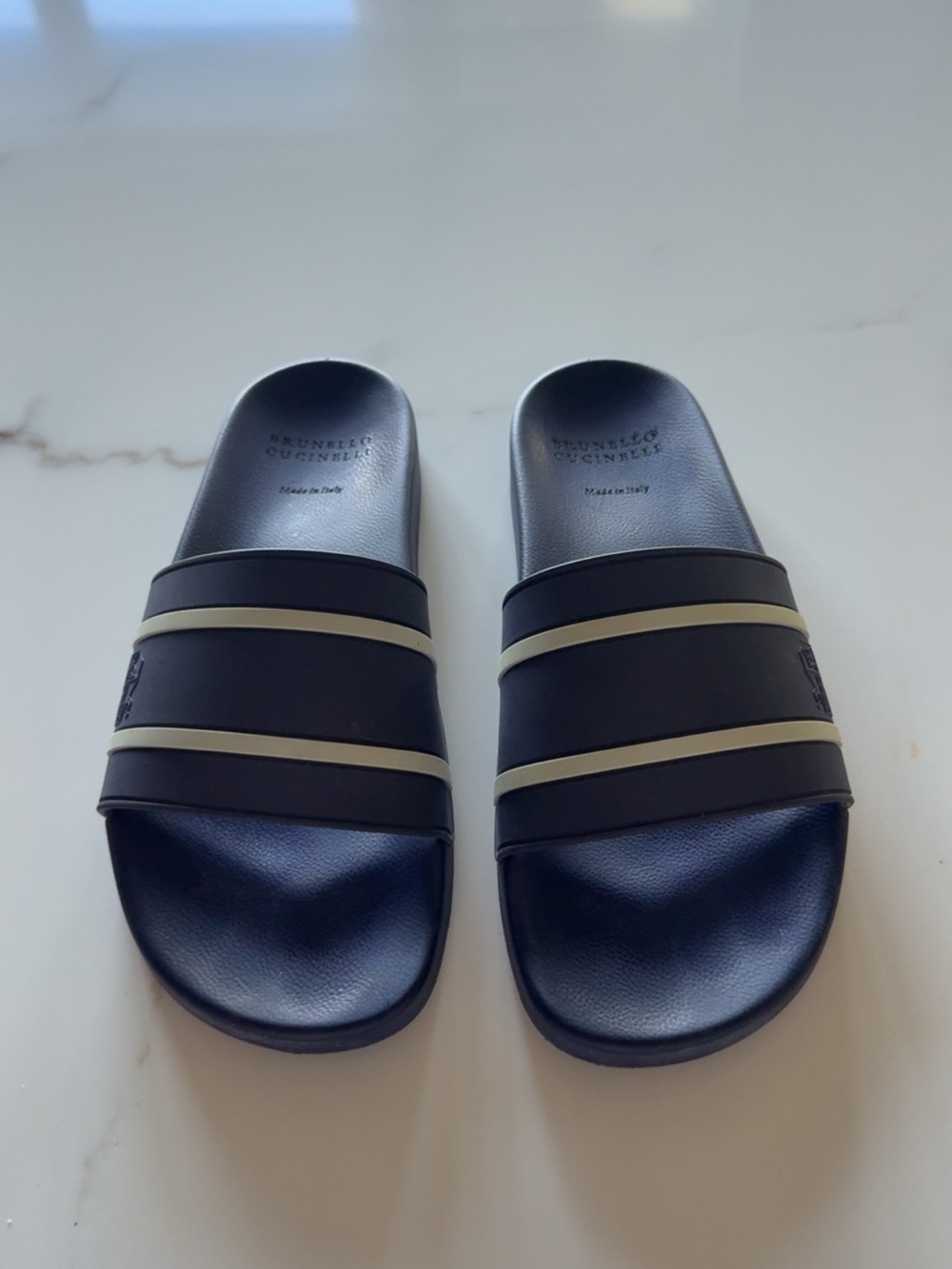 Brunello Cucinelli Navy Slide Sandals with Ivory Stripes